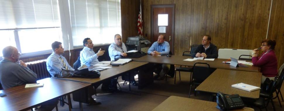 Officials discuss opportunities for shared services and economic development at the county Annex Building on Thursday, Jan. 21. From left to right, Senior Planner William Roehr, Montgomery County Business Development Center Director Kenneth F. Rose, City of Amsterdam Mayor Michael Villa, Town of Amsterdam Supervisor Tom DiMezza, Town of Florida Supervisor Eric Mead, County Executive Matthew L. Ossenfort and County Historian Kelly Farquhar.