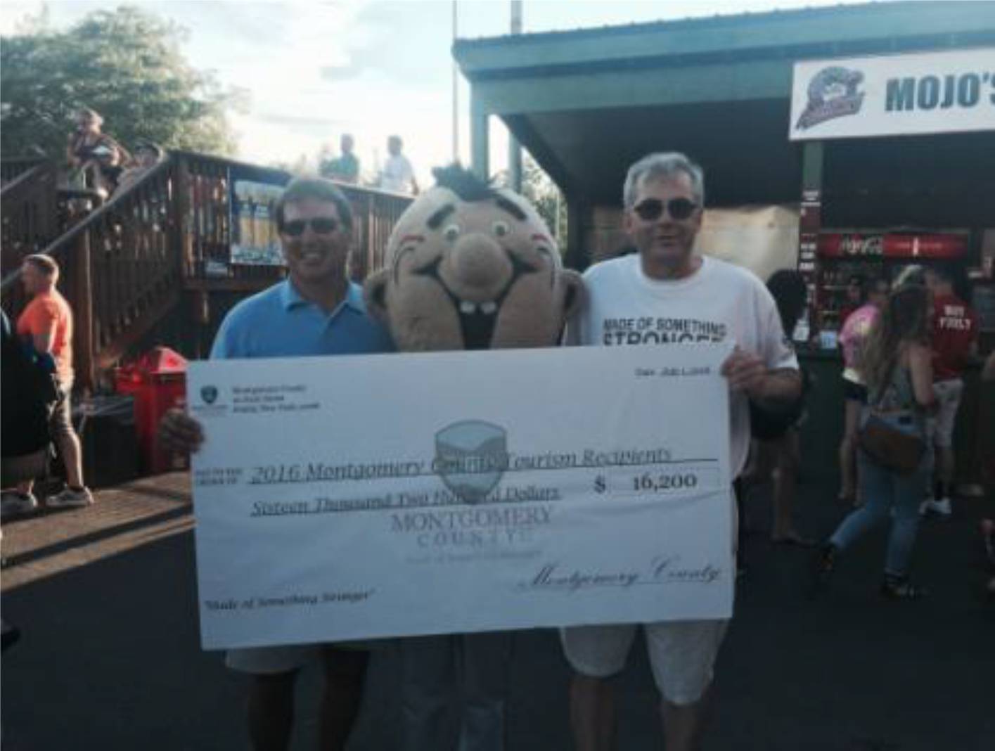 County Legislators Terry A. Bieniek (left) and Robert A. Purtell (right) pose with Mojo, the Amsterdam Mohawks mascot.