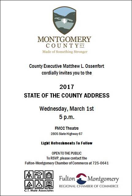 State of the County 2017 Invitation. All text is listed on the page below. Also shown: Montgomery County NY Logo, CT Male Associates logo, and Fulton-Montgomery Regional Chamber of Commerce logo