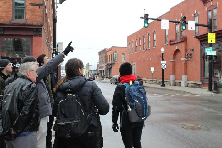 From left, Village of Canajoharie Mayor Francis Avery pictured Feb. 7
giving a tour of downtown Canajoharie to Cornell University students.