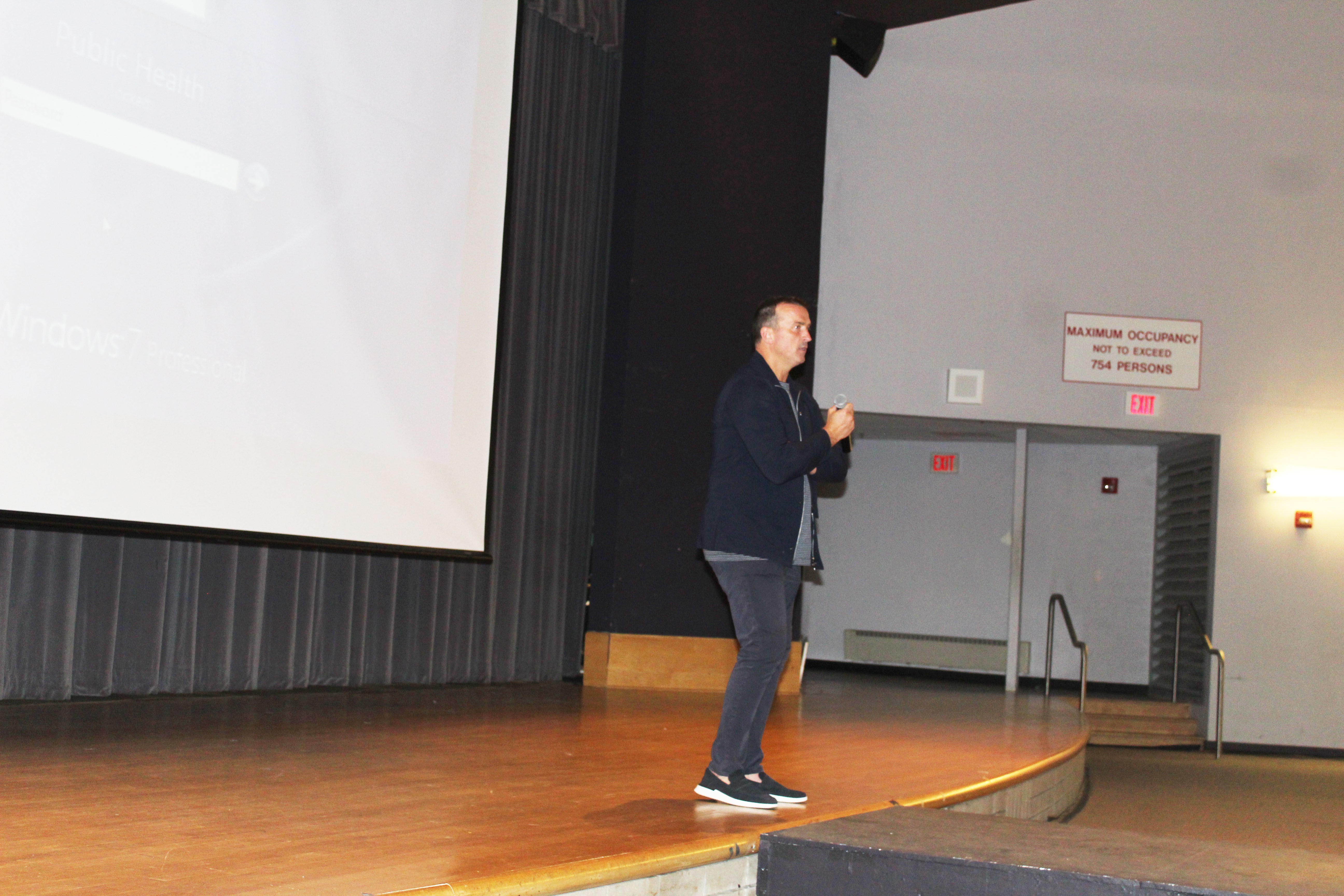 Former professional basketball player Chris Herren pictured Thursday speaking
about recovery at the Amsterdam High
School auditorium.