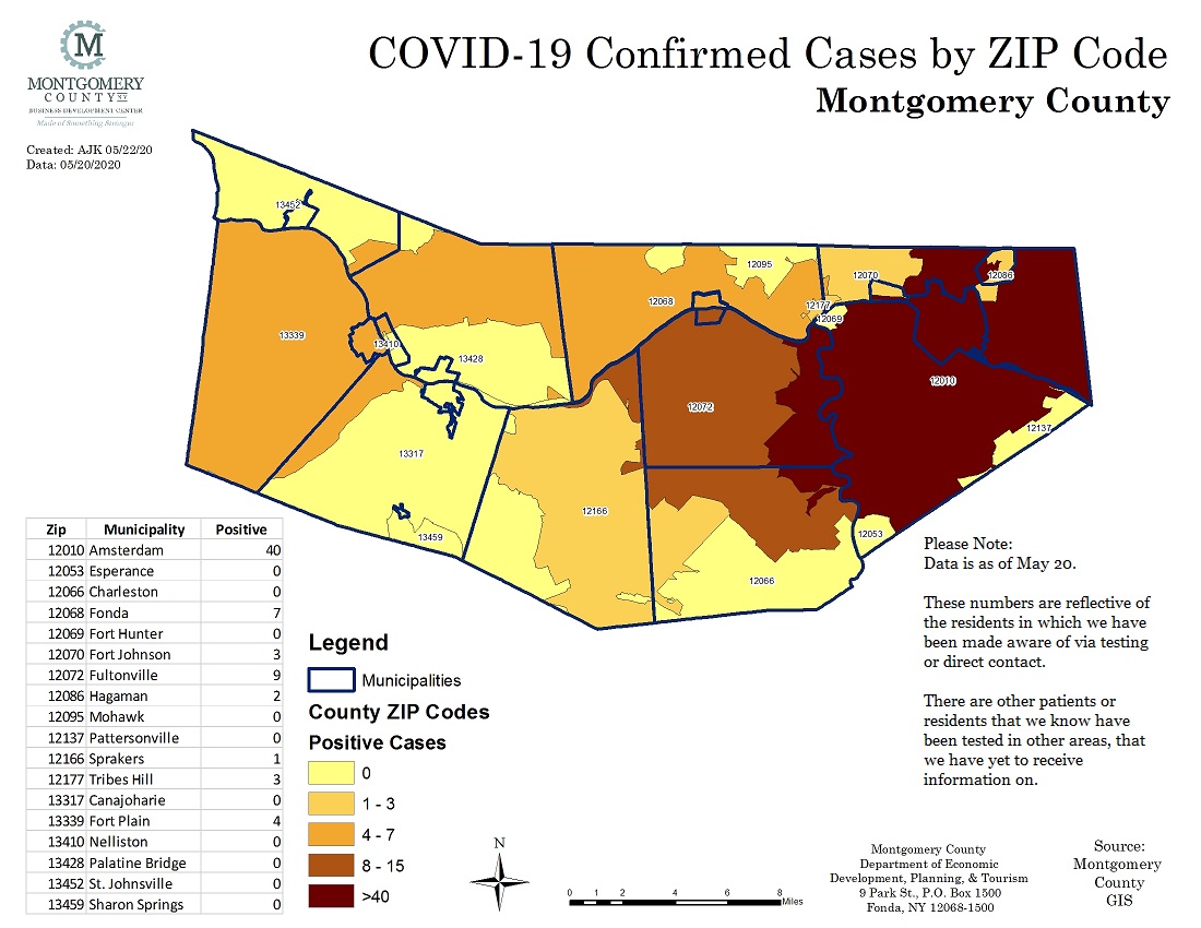 Map of the COVID-19  Confirmed Cases by Zip Code in Montgomery County as of  May 20.  