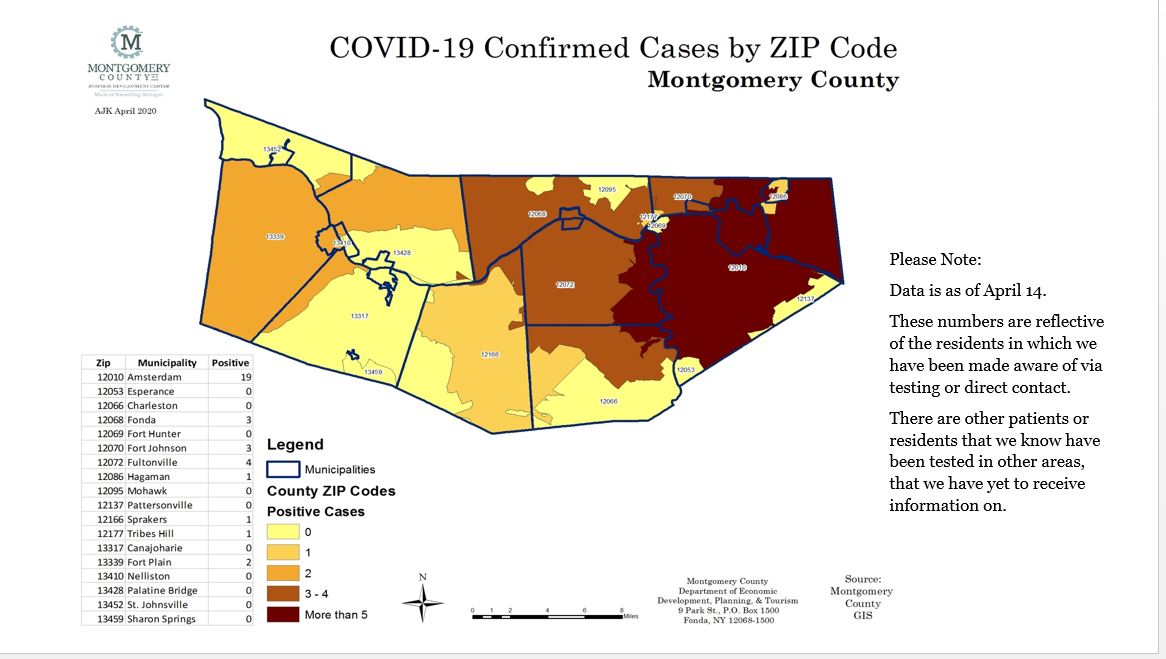Map of the COVID-19  Confirmed Cases by Zip Code in Montgomery County as of April 14.  