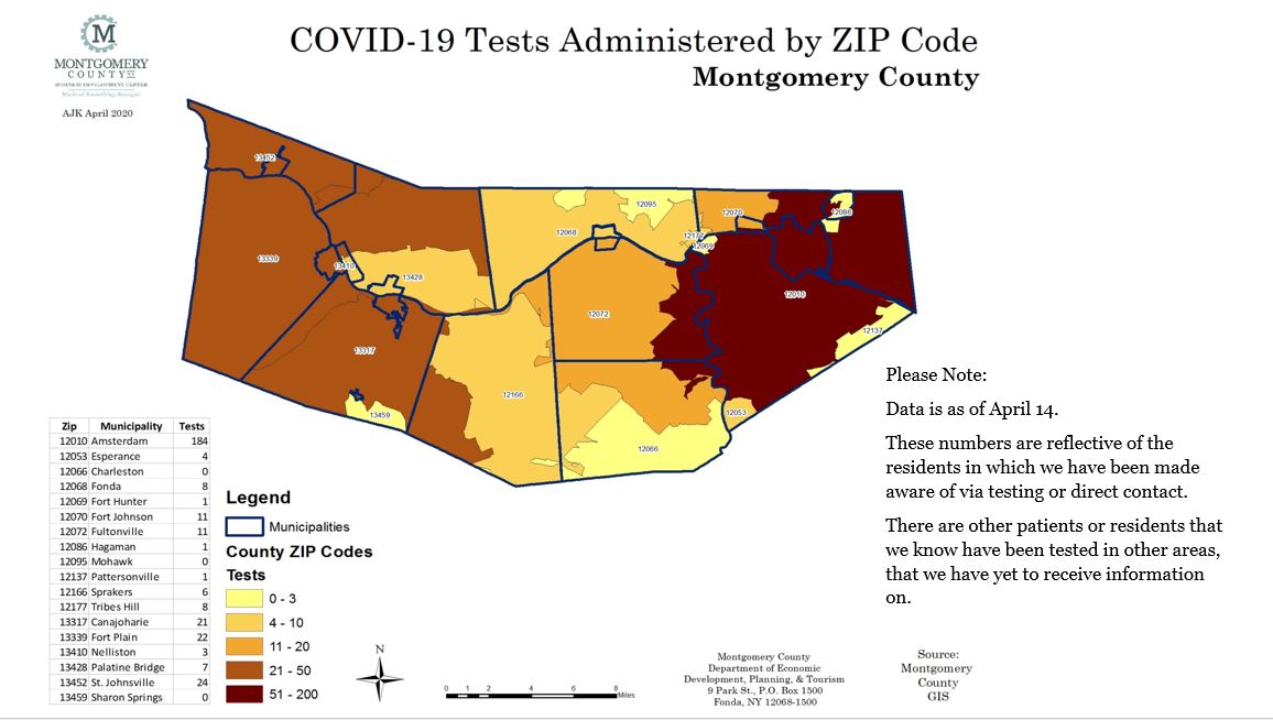 Map of the COVID-19 Tests Administered by ZIP Code in Montgomery County as of April 14. 