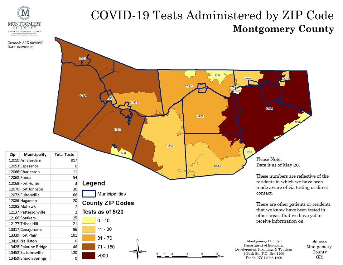 Map of the COVID-19 Tests Administered by ZIP Code in Montgomery County as of May 20. 