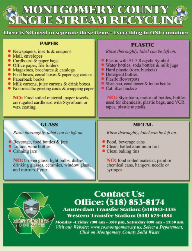 Single Stream Recycling Information. This information is also available in text at: https://www.co.montgomery.ny.us/web/sites/departments/solidwaste/singlestreamrecycling.asp