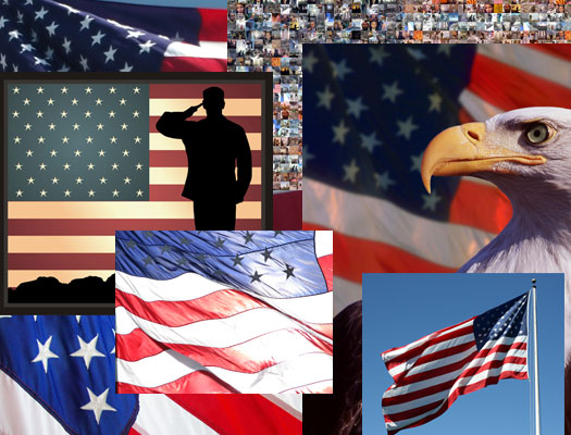 Patriotic collage of veterans, American flags, and an eagle