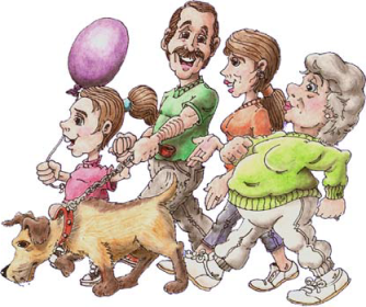 Group of people and a dog walking