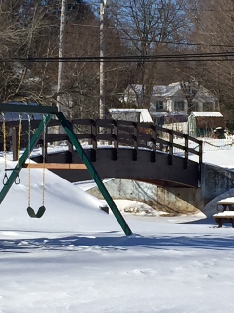 Swings and bridge in winter